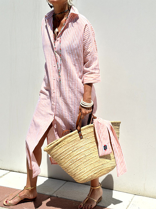 Striped Pattern Side Split Three Quarter Sleeve Maxi Dress