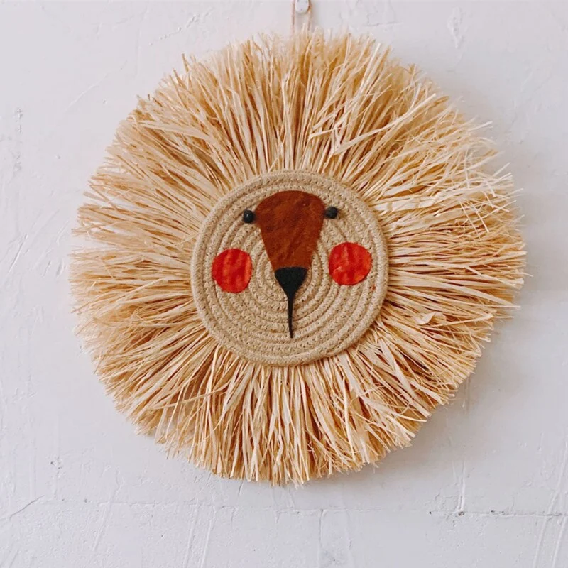 INS Noridc Hand Woven Straw Lion Tiger Wall Hanging Decor Cartoon Animal Ornaments For Baby Bed Kids Room Decoration Photo Props