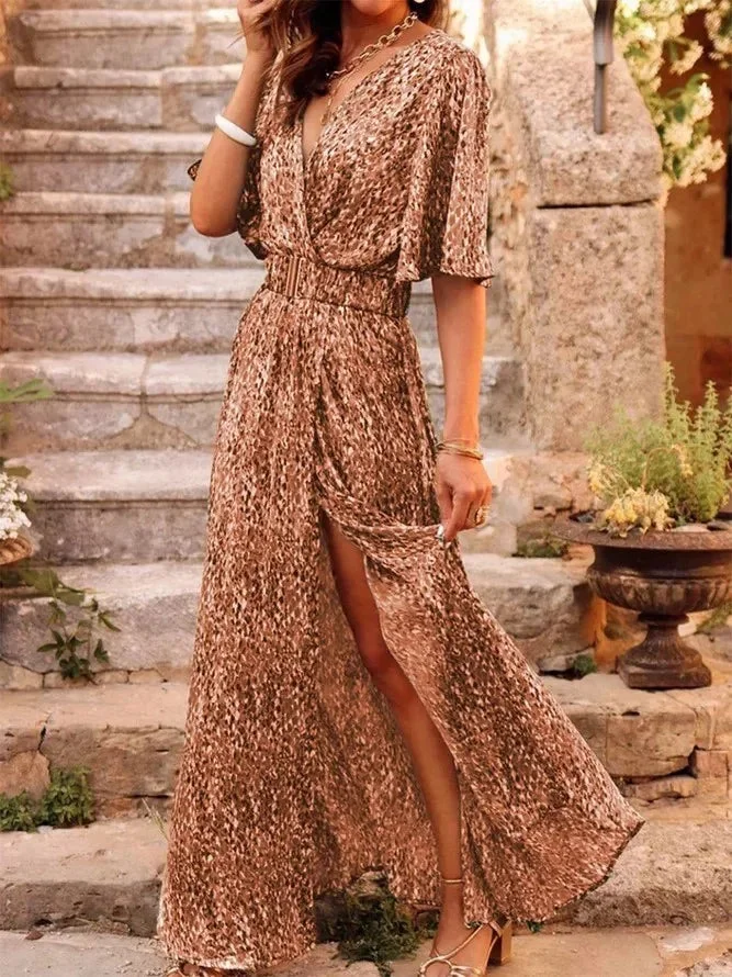 Oocharger Summer Elegant Belt Party Long Dresses For Women Sexy Deep V Nevk Short Sleeve Boho Print Slit Dress 2024 Vestidos