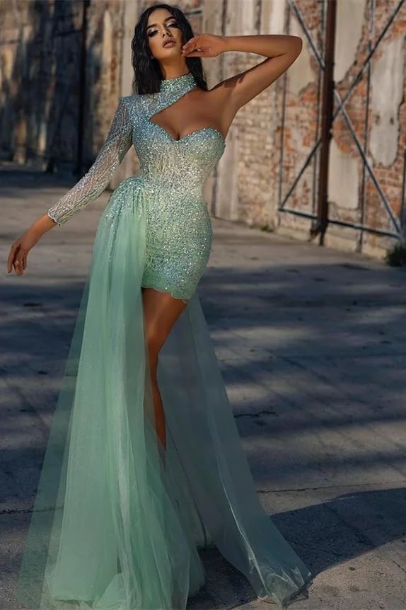 Sexy Long Sleeves High Neck Sequins Prom Dress Beadings With Tulle Ruffle | Ballbellas Ballbellas