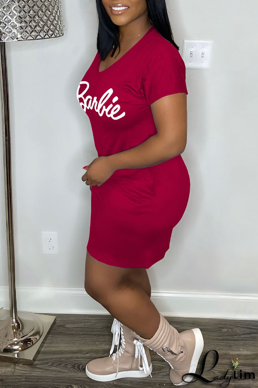 Pink Casual Print Patchwork V Neck Straight Dresses