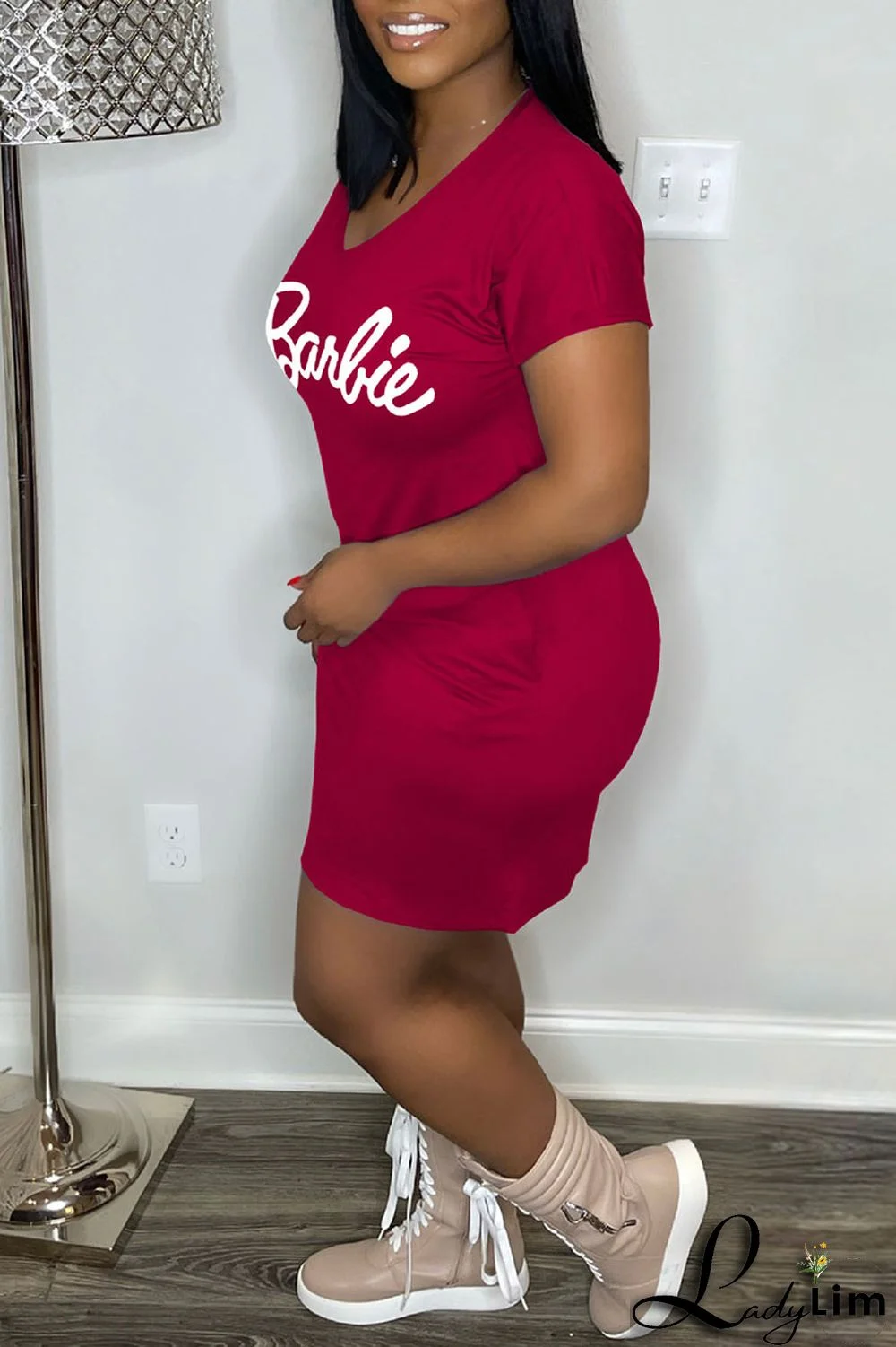 Pink Casual Print Patchwork V Neck Straight Dresses