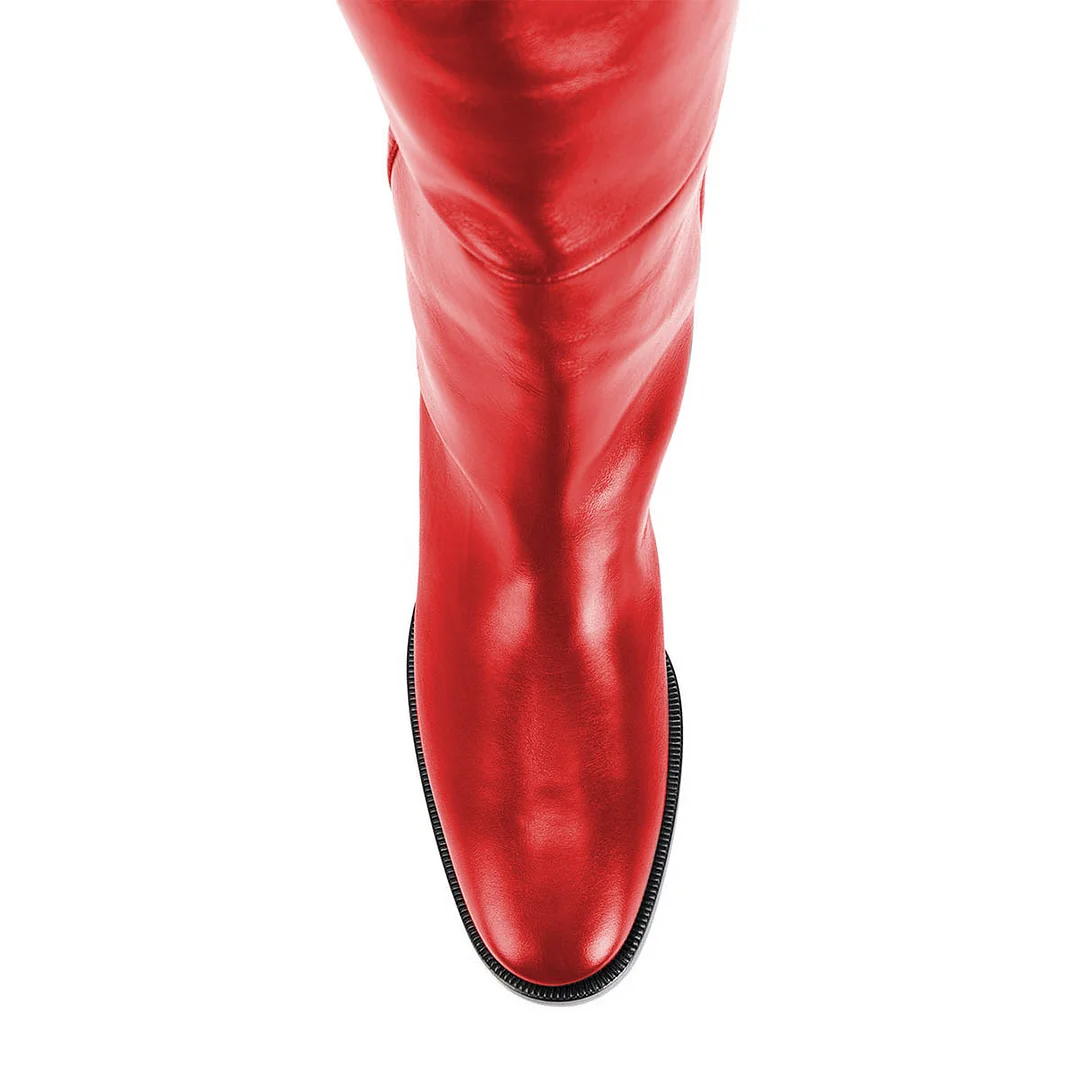Vegan Leather Almond Toe Pull-On Thigh-High Sexy Boots in Red