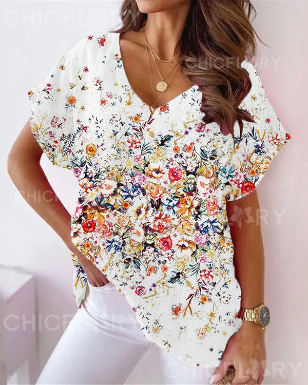 Women's Floral Print V-Neck  Top