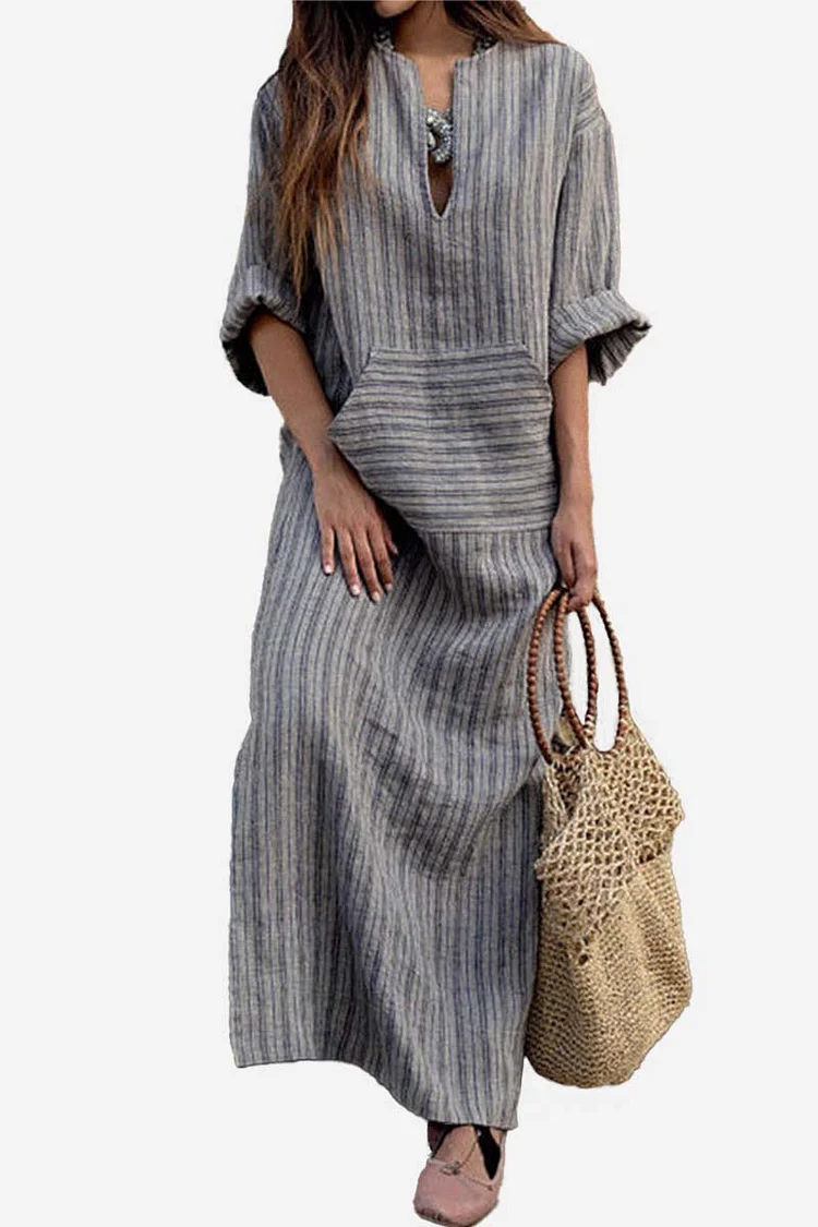 Linen Irregular Neck Long Sleeve Pocket Casual Maxi Dress