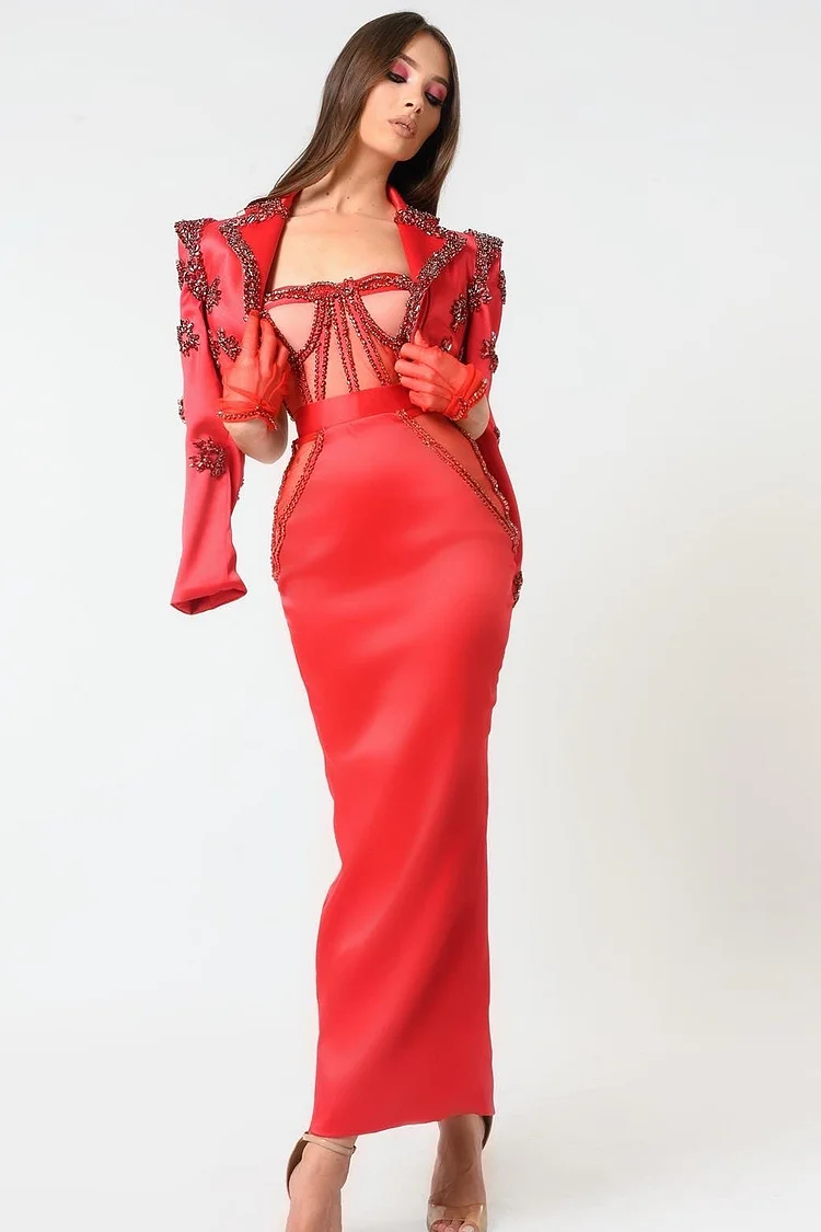 Rhinestone Decor Shoulder Pads Crop Jacket Two Piece Dress Set-Red [Pre-Order]