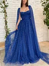 Dark Cobalt Royal Blue Sparkling Gold Stars Prom Dress Draped Corset Bodice Starry Pattern Tulle Cape Robe Wedding Guest With Pockets