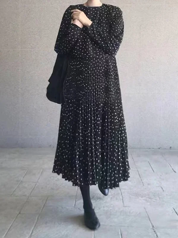 Elasticity Pleated Polka-Dot Split-Joint Long Sleeves Loose Round-Neck Midi Dresses