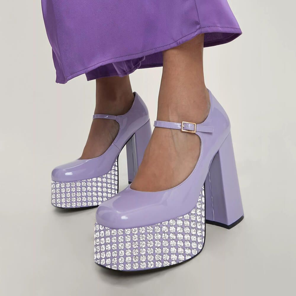Light Purple Square Toe Chunky Heels Rhinestone Platform Pumps Nicepairs