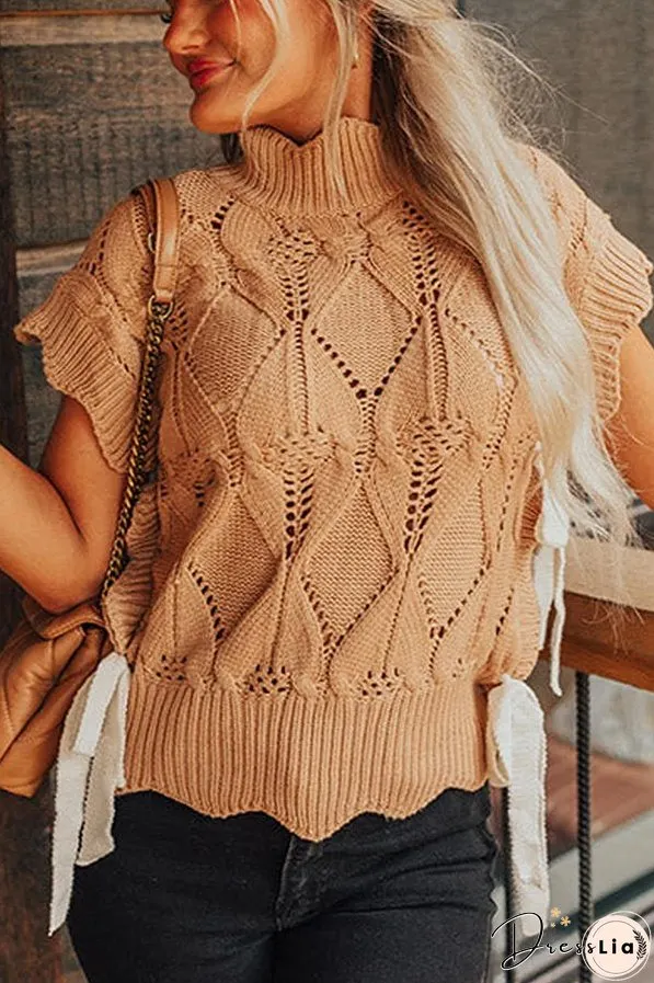 Light French Beige Hollowed Knit Scalloped Trim High Neck Sweater