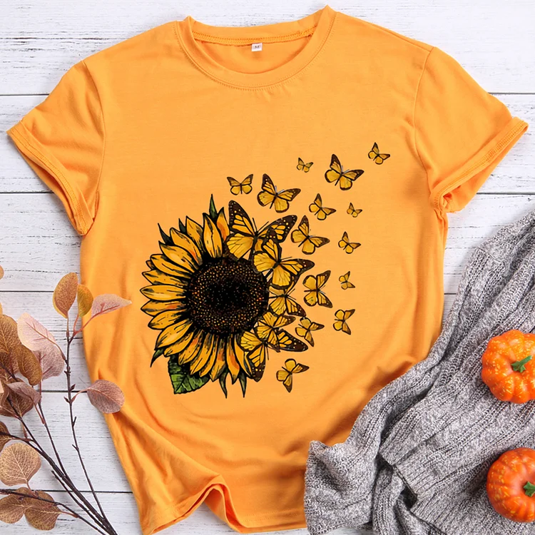 Sunflowers And Butterflies Animal Lover Round Neck T-shirt