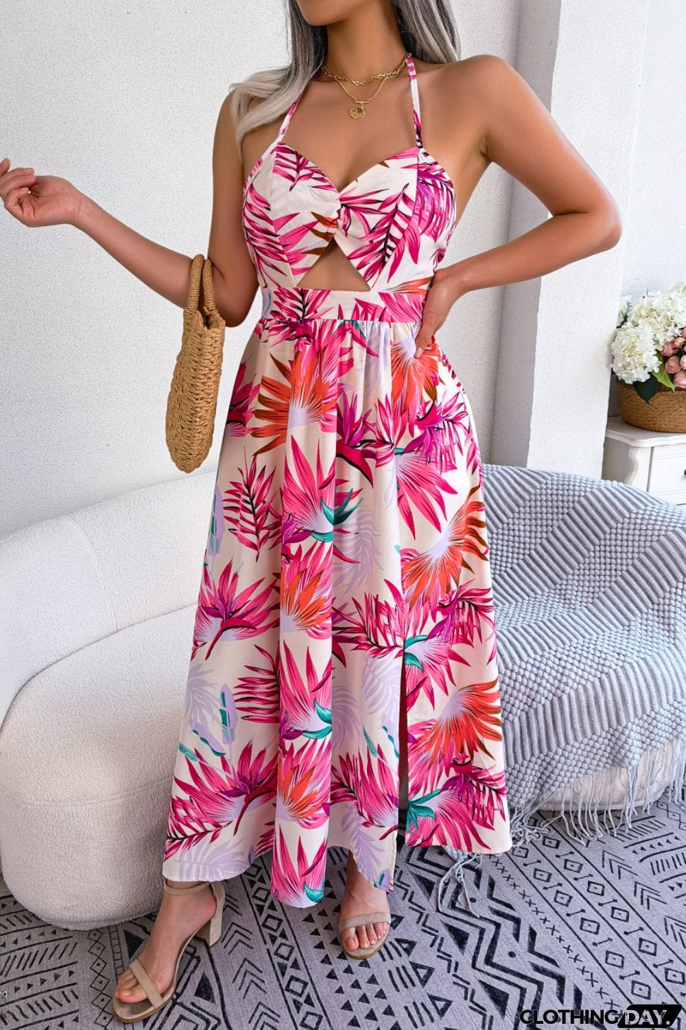 Botanical Print Tied Backless Cutout Slit Dress