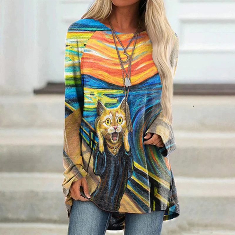 Casual Crew Neck Cat Shout Oil Painting Print Tunic
