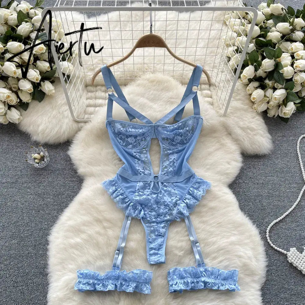 Women Sexy Floral Lace Strappy Bodysuit Fashion One Piece Rompers Lingerie Erotic Tight Embroidery Combination Catsuit Aiertu