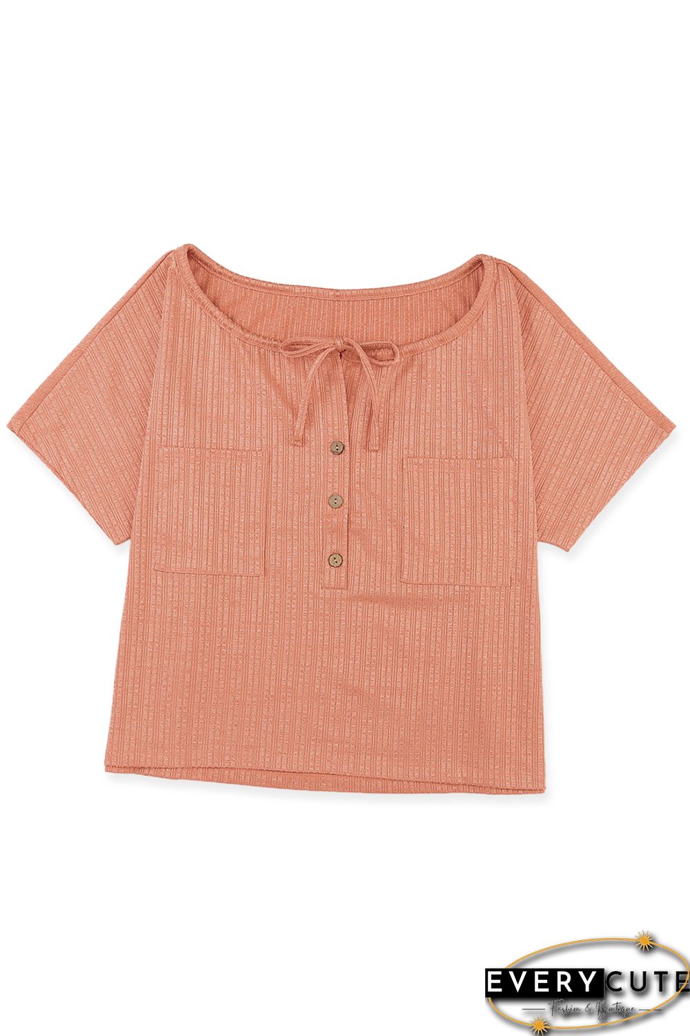 Orange Notched V Neck Buttoned Front Textured Loose Top