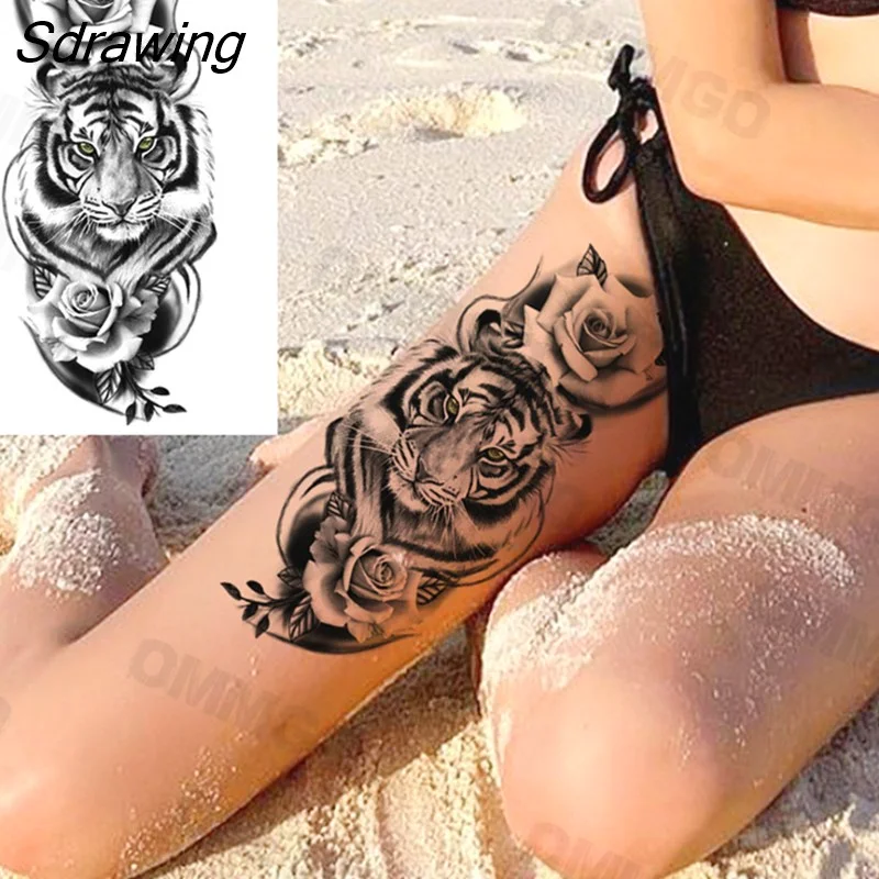 Sdrawing Rose Flower Skeleton Temporary Tattoos For Women Adult Girl Lion Tiger Crown Fake Tattoo Body Art Painting Tatoo Decal