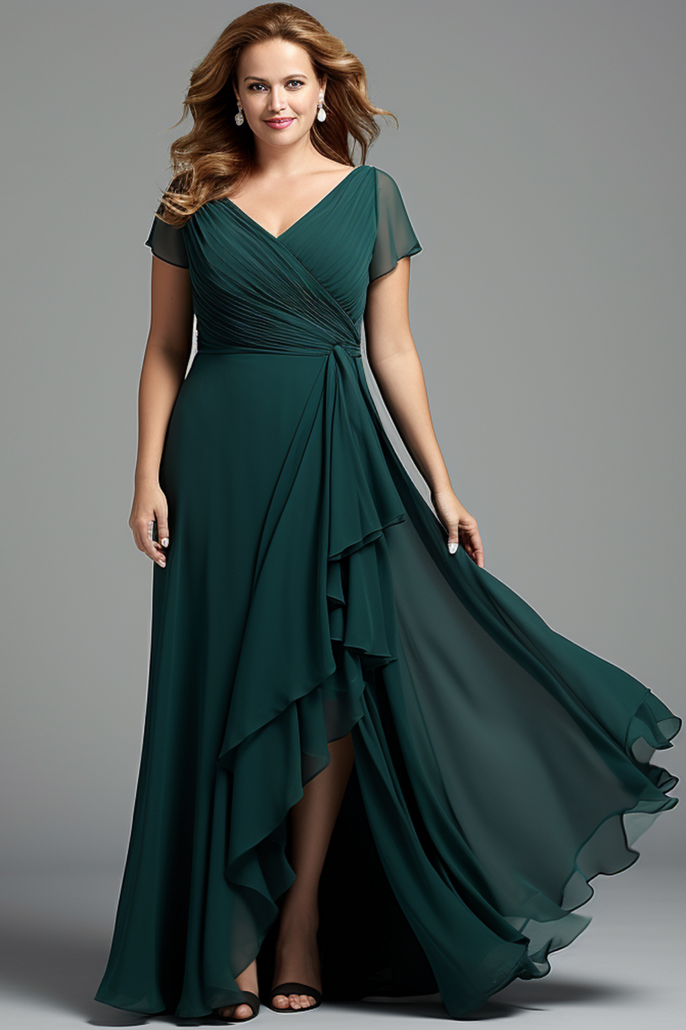 Flycurvy Plus Size Mother Of The Bride Green Chiffon Pleated Irregular Hem Short Sleeve Maxi Dress 2024 - Flycurvy 