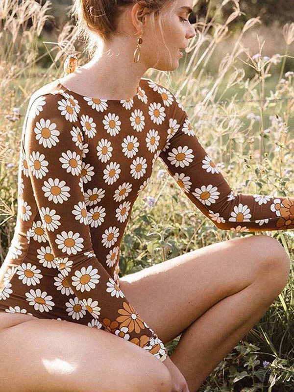 Long Sleeves Floral Printed Backless Wetsuit