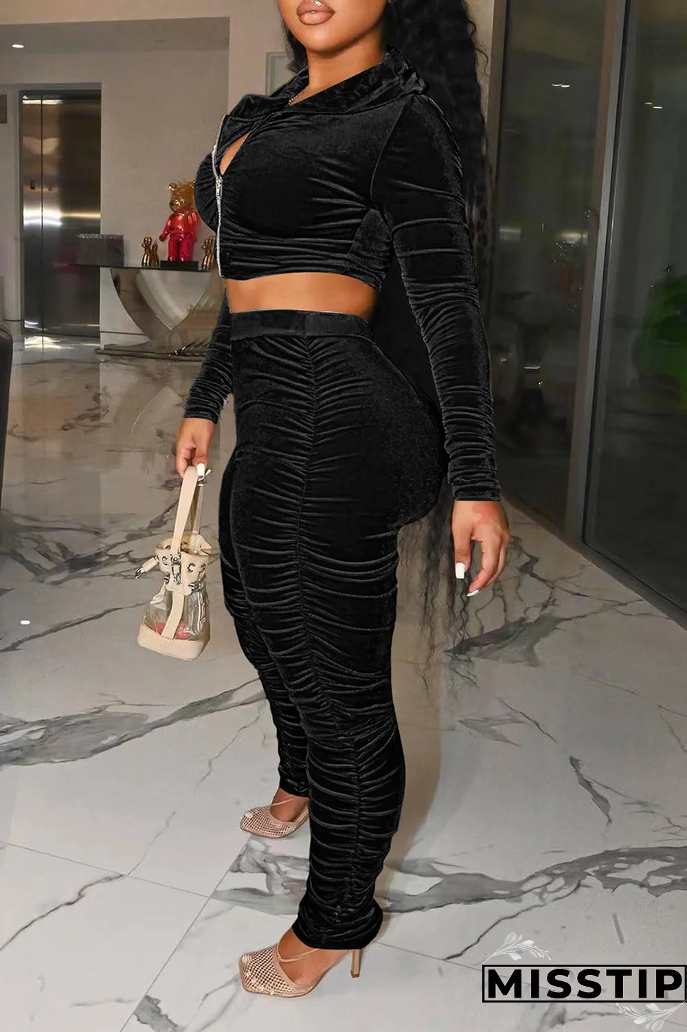 Black Street Solid Fold Hooded Collar Long Sleeve Two Pieces