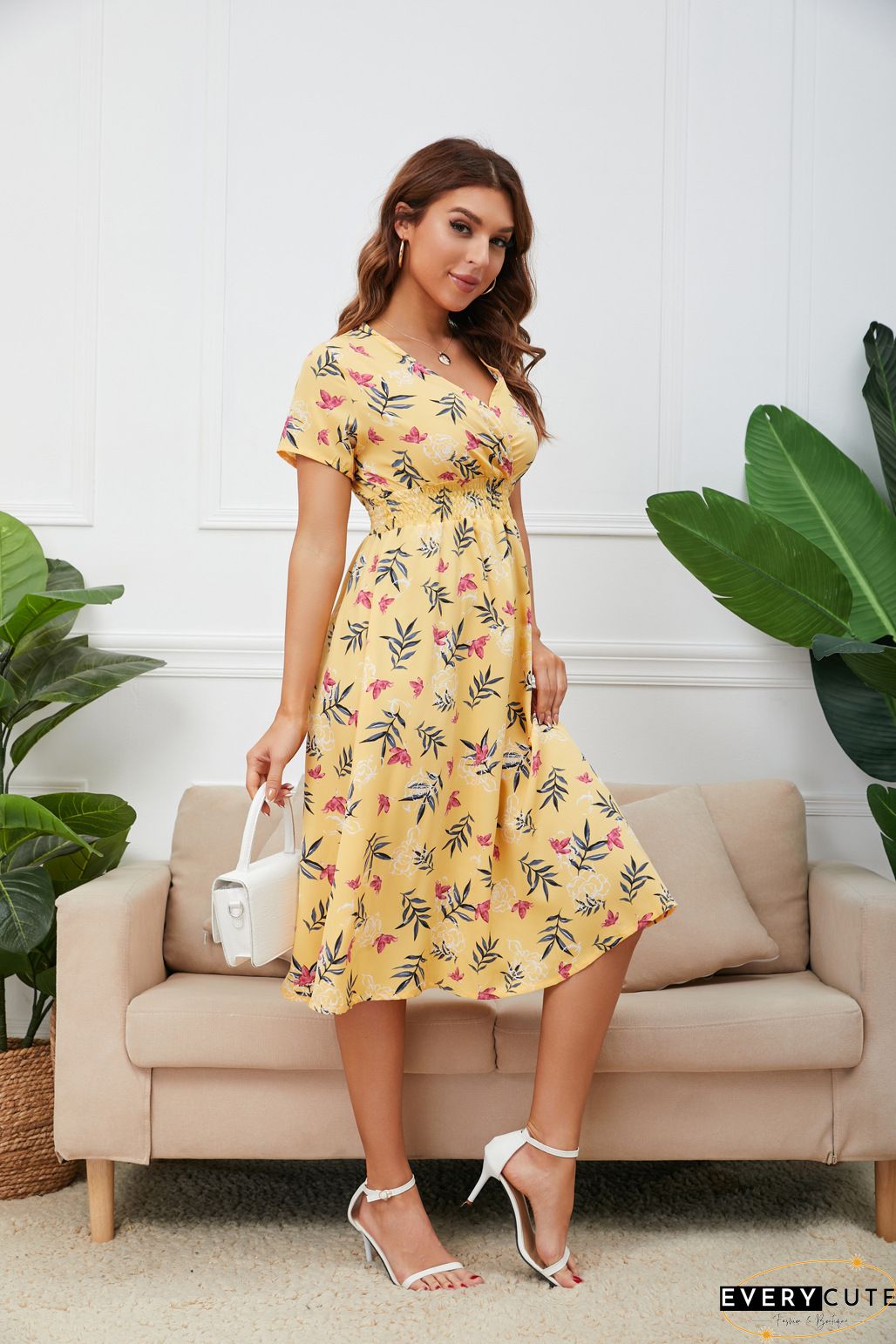 Floral Print Paneled Short Sleeves Elegant A-line Midi Dress