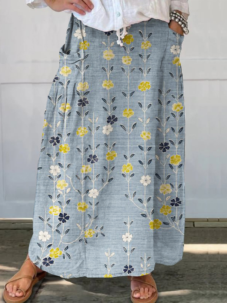 Comstylish Fresh Floral Print Linen Pocket Half Skirt