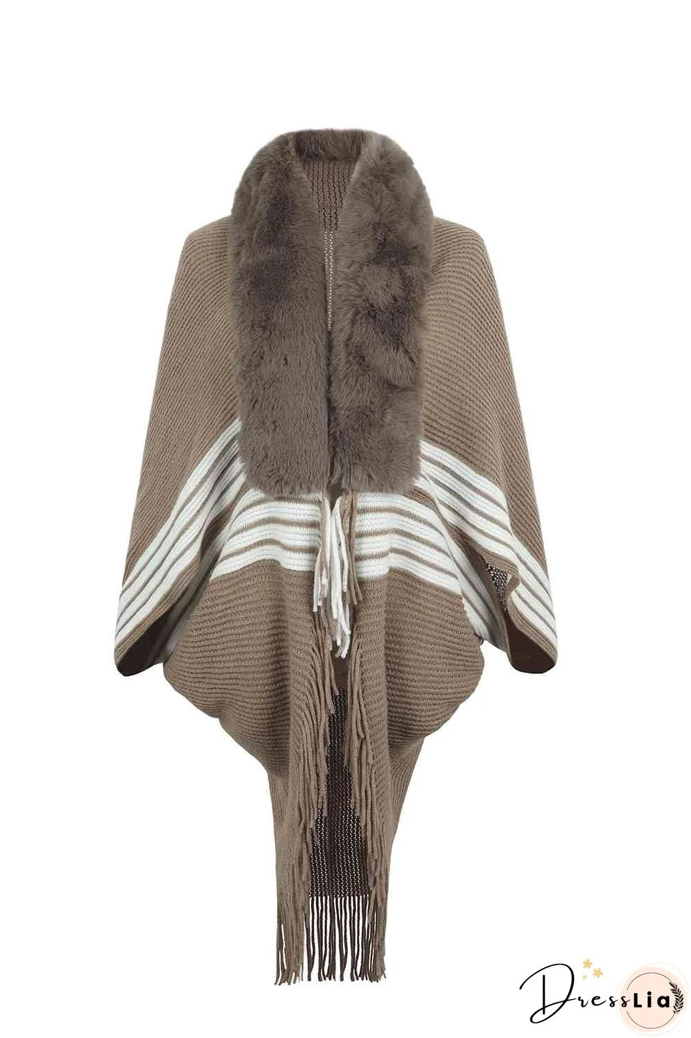 Striped Fringe Detail Long Sleeve Poncho