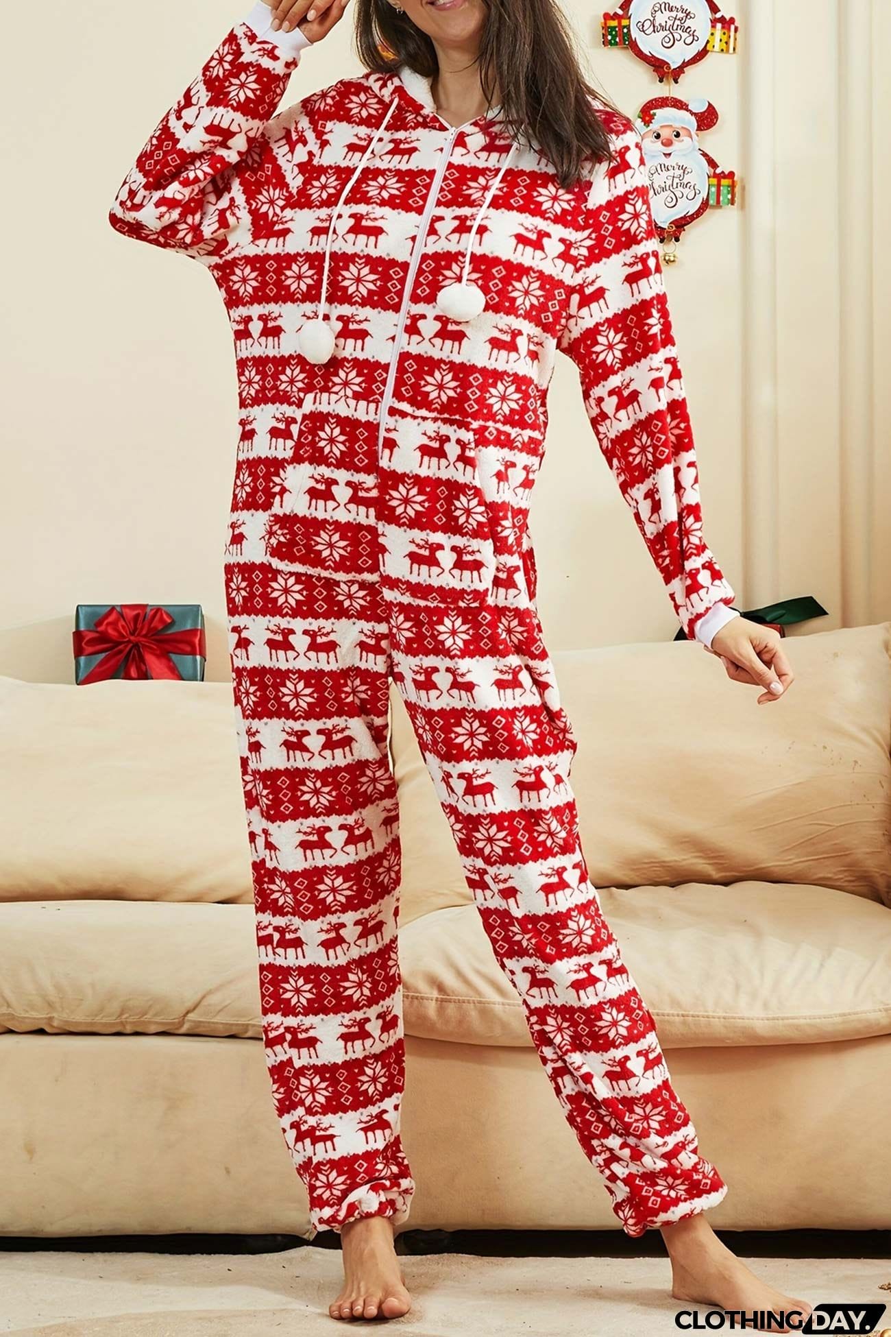 Christmas Printed Zipper Hooded Jumpsuits
