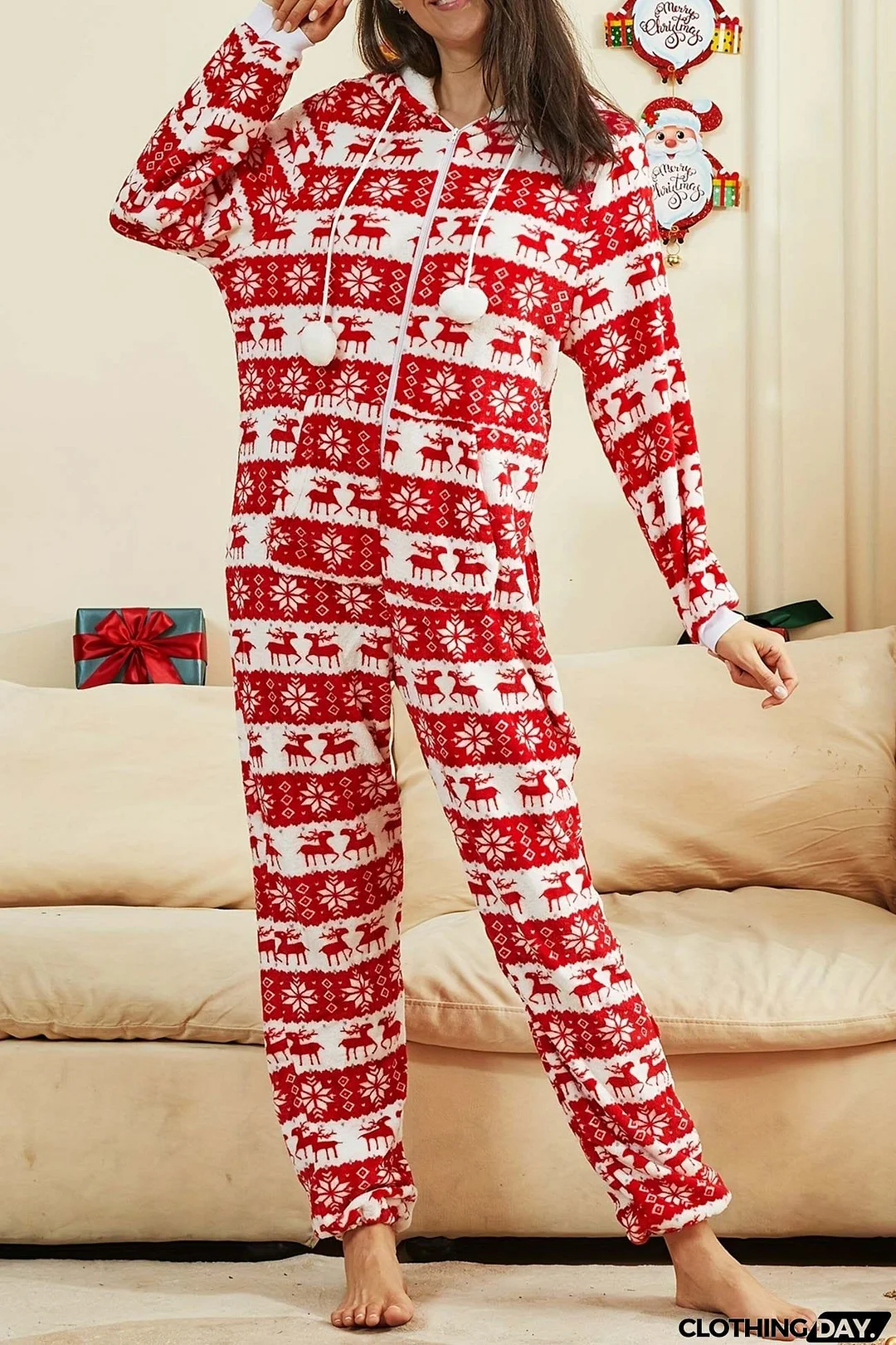 Christmas Printed Zipper Hooded Jumpsuits