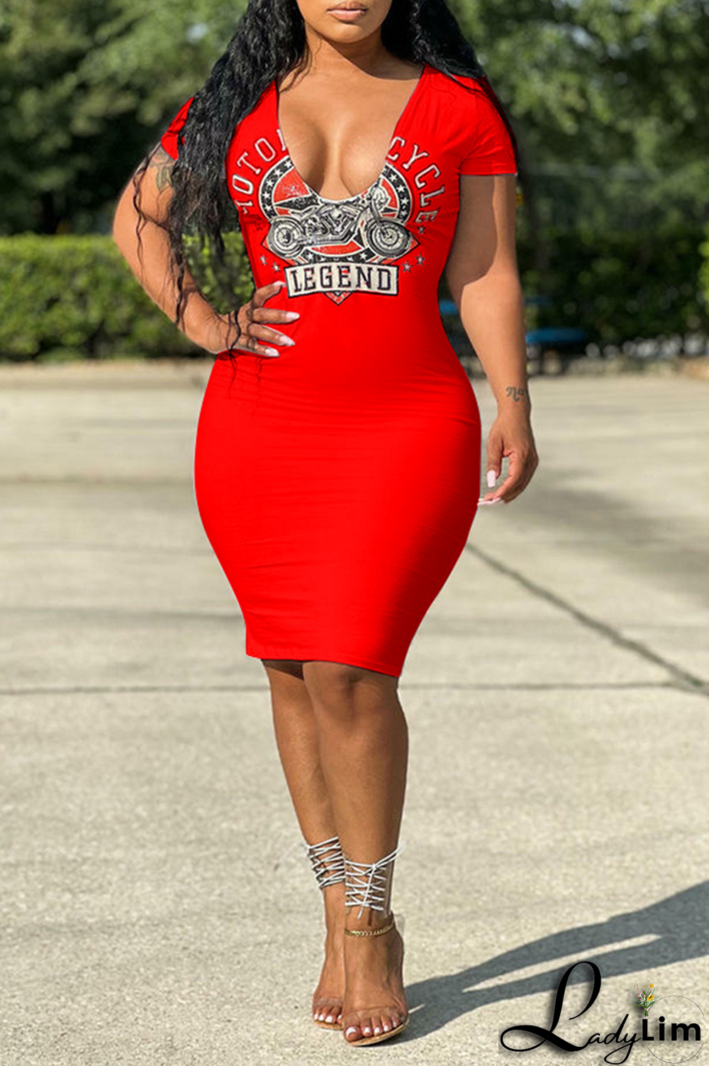 Tangerine Red Fashion Print Patchwork V Neck Pencil Skirt Dresses