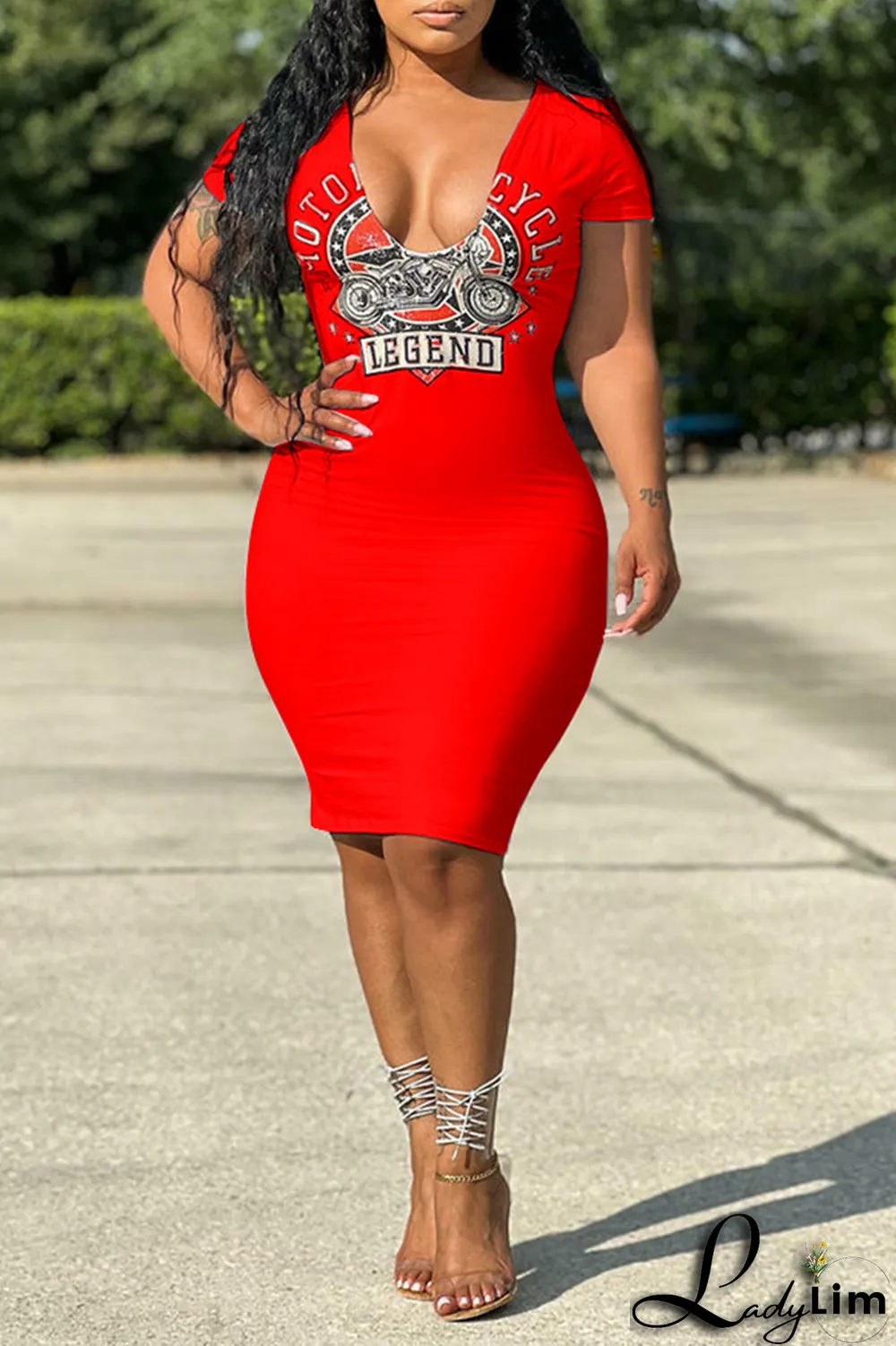 Tangerine Red Fashion Print Patchwork V Neck Pencil Skirt Dresses