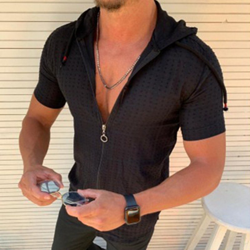 Hawaiian Hooded Zipper Short Sleeve Men's Shirts-VESSFUL