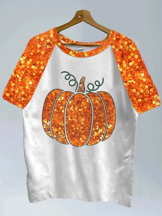 Women's Sequin Pumpkin Print T-Shirt 