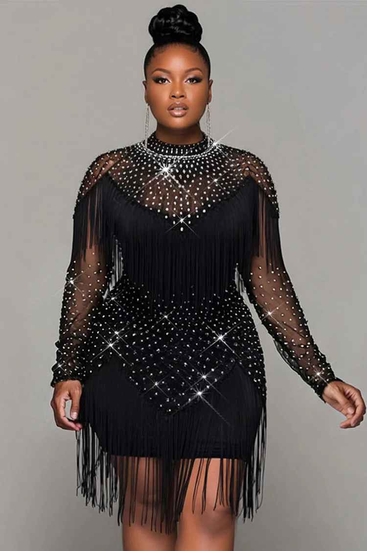 Xpluswear Design Plus Size Party Black Round Neck Long Sleeve Drilling Strappy Tulle Mini Dresses [Pre-Order] 2024 - Xpluswear