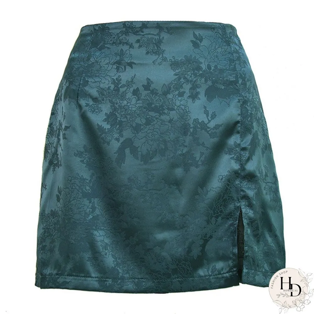 Summer Women Split Skirt Sexy Jacquard Satin High Waist Zip Skirt Women Party Black Skirt Ladies Sexy Short Beach Skirts