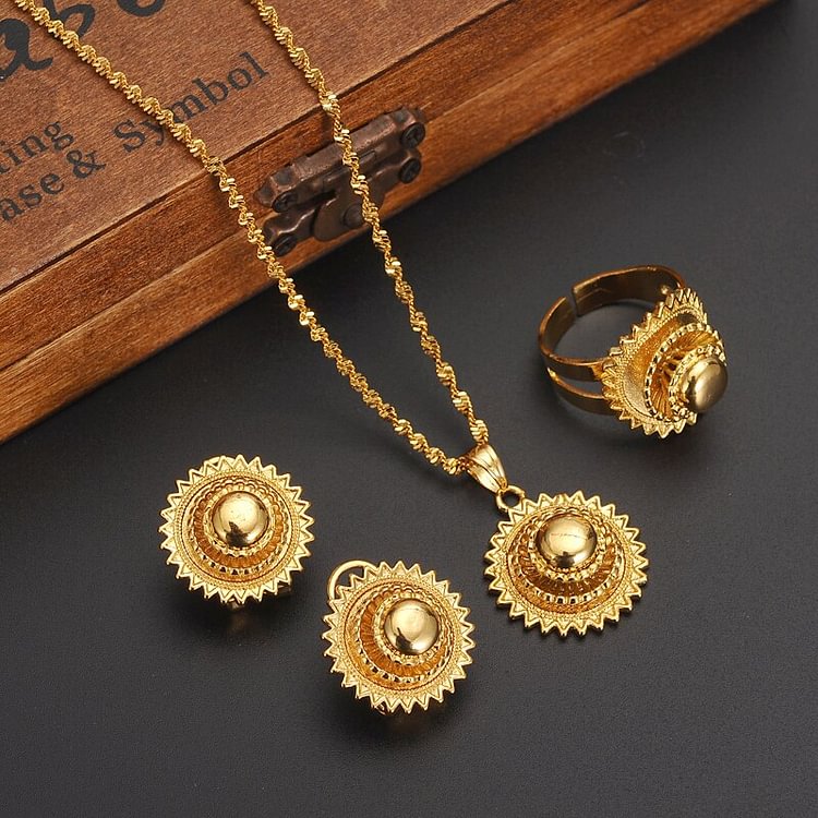 Gold Color Ethiopian Dubai Jewelry Sets Necklace Pendant Earrings Ring