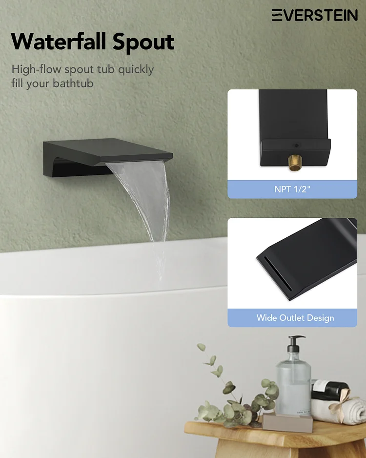 3 Handle Tub Shower Faucet,Matte Black Bathtub Faucet sold Set with Waterfall Tub