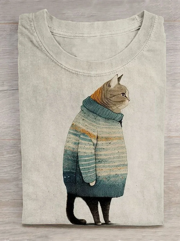 Cute Winter Cat Art Pattern Print Casual T-shirt