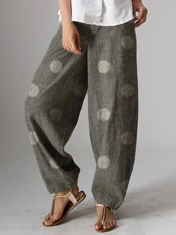 Polka Dot Cotton And Linen Casual Pants-Mayoulove