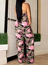 Floral Print Off-The-Shoulder Backless Wide Leg Loose Suit