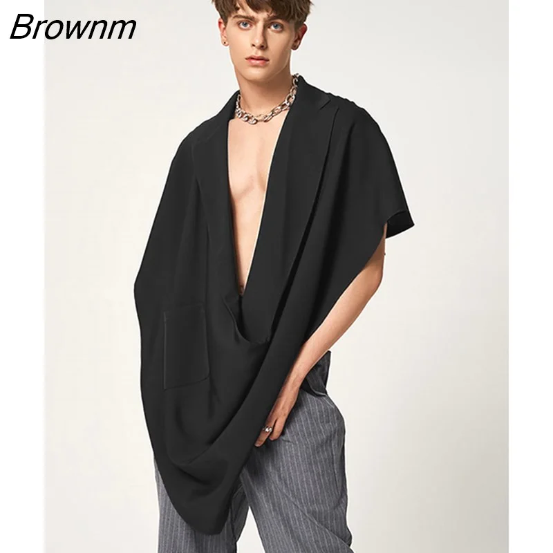 Brownm Fashion Men Vests Solid Color Lapel Sleeveless Casual Irregular Waistcoats Pockets Loose Streetwear Men Cloak S-5XL INCERUN