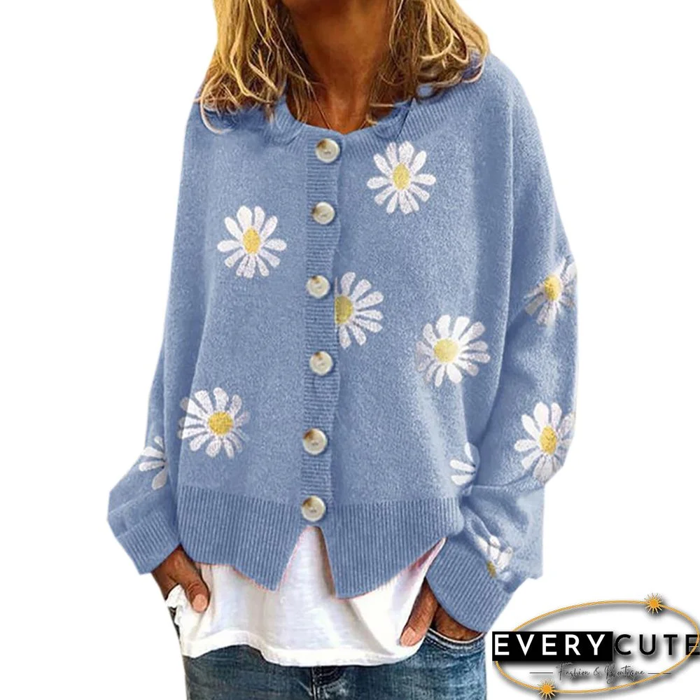 Light Blue Daisy Print Loose Style Knit Cardigan