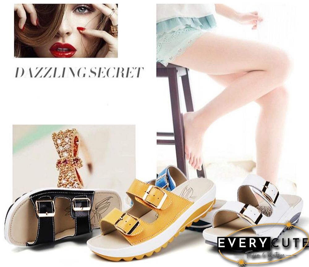 Women Platform Leather Buckle Flats Light Soft Comfortable Slides Sandals