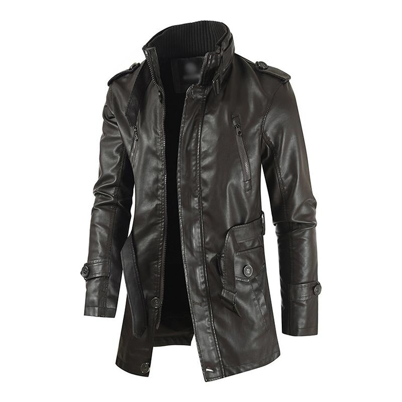 Men's Vintage Stand Collar Thickened Warm Mid-Length Zippered Leather Coat