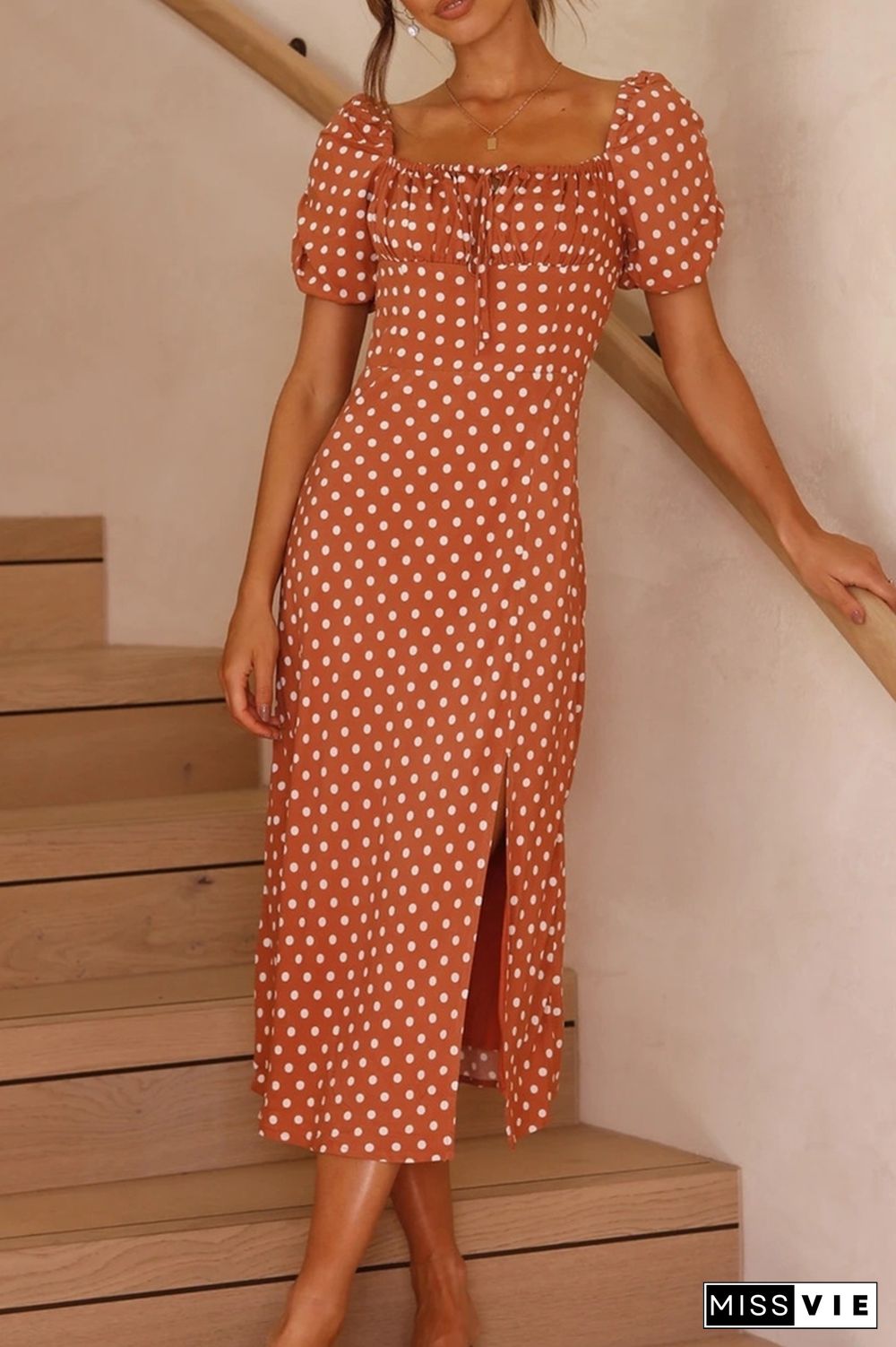 Fashion Elegant Dot Draw String Slit Square Collar A Line Dresses