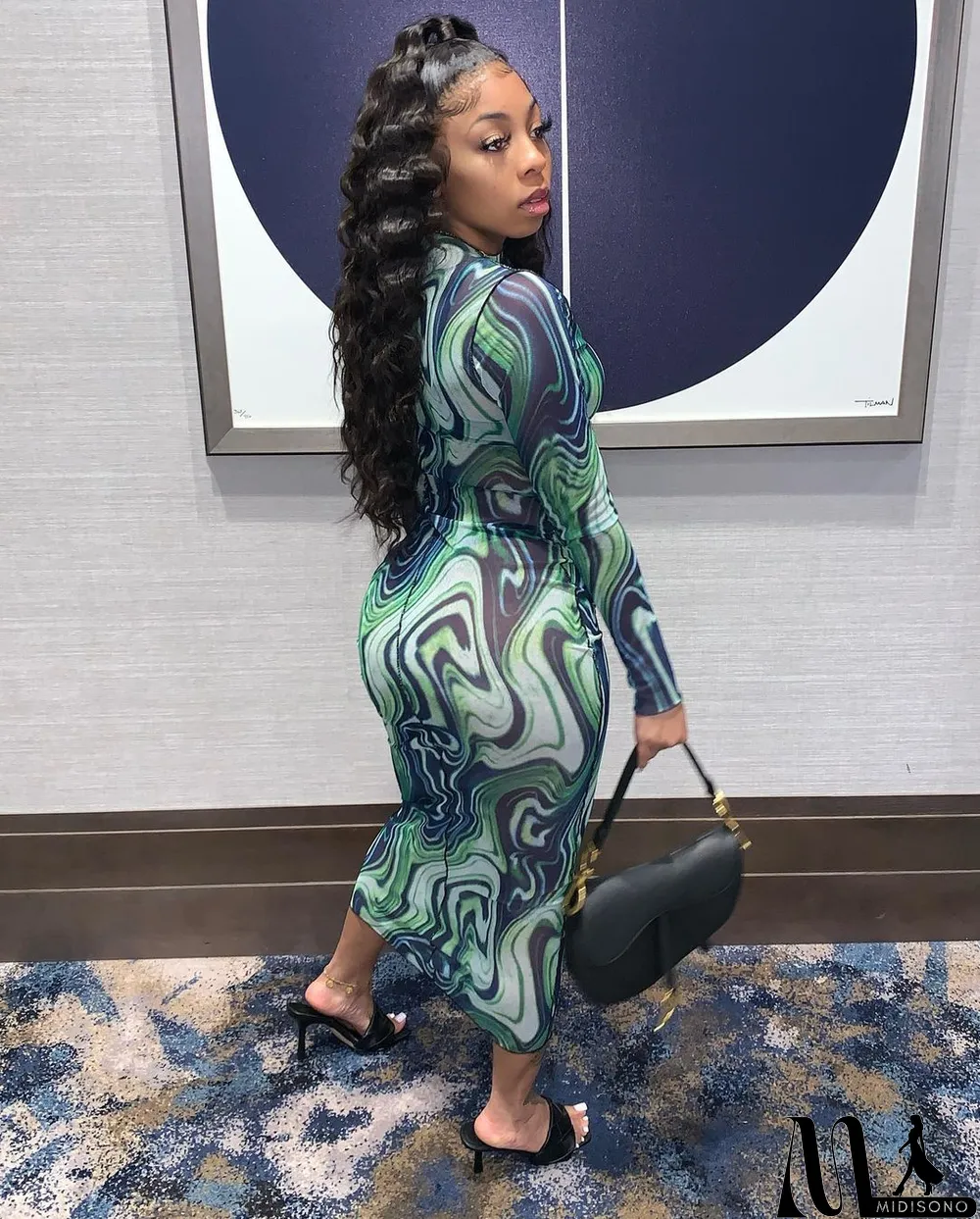 MidiSono - Fashion Net Yarn Print Dress