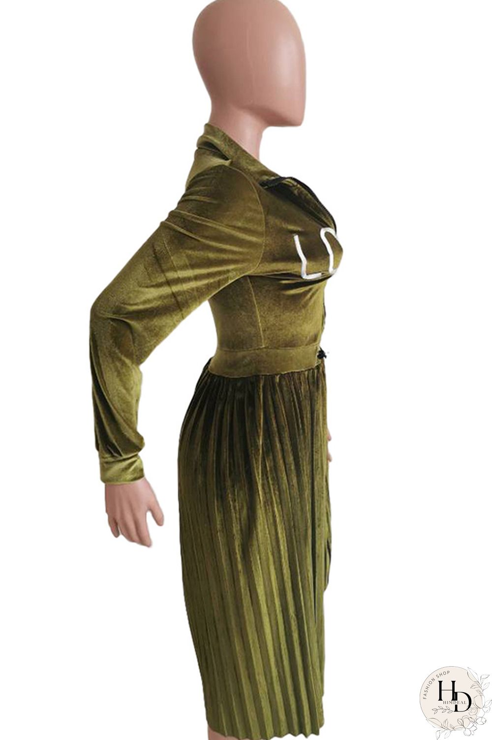 Army Green Sexy Cap Sleeve Long Sleeves Turndown Collar pleated Knee-Length Character Solid Long Sle