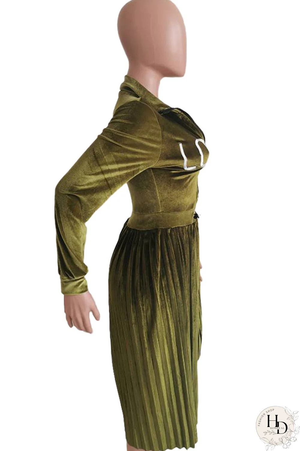 Army Green Sexy Cap Sleeve Long Sleeves Turndown Collar pleated Knee-Length Character Solid Long Sle