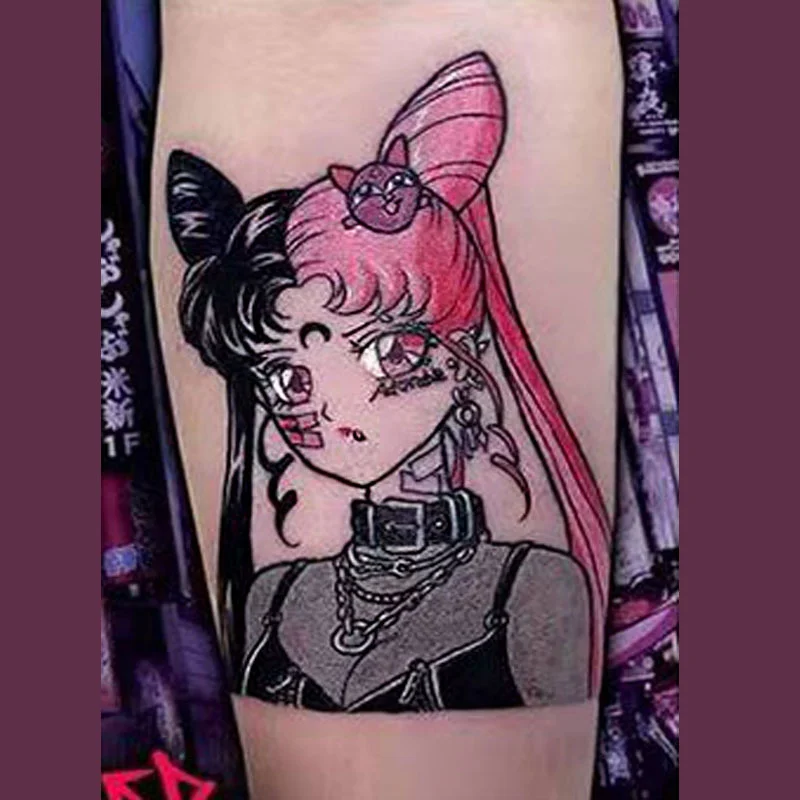 Sdrawing Temporary Tattoo Sticker Anime Cartoon Cute Pink Hair Girl Flower Necklace Fake Tatto Flash Tatoo Art for Women Men