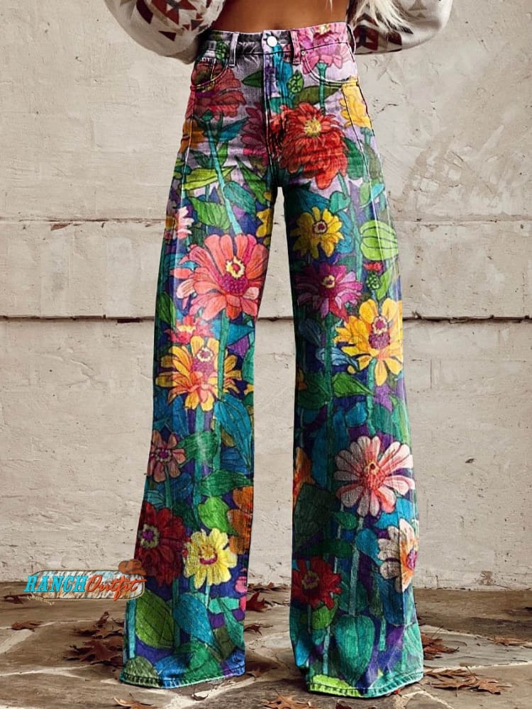 Women’s Daisy Print Casual Wide Leg Pants Multicolor / S
