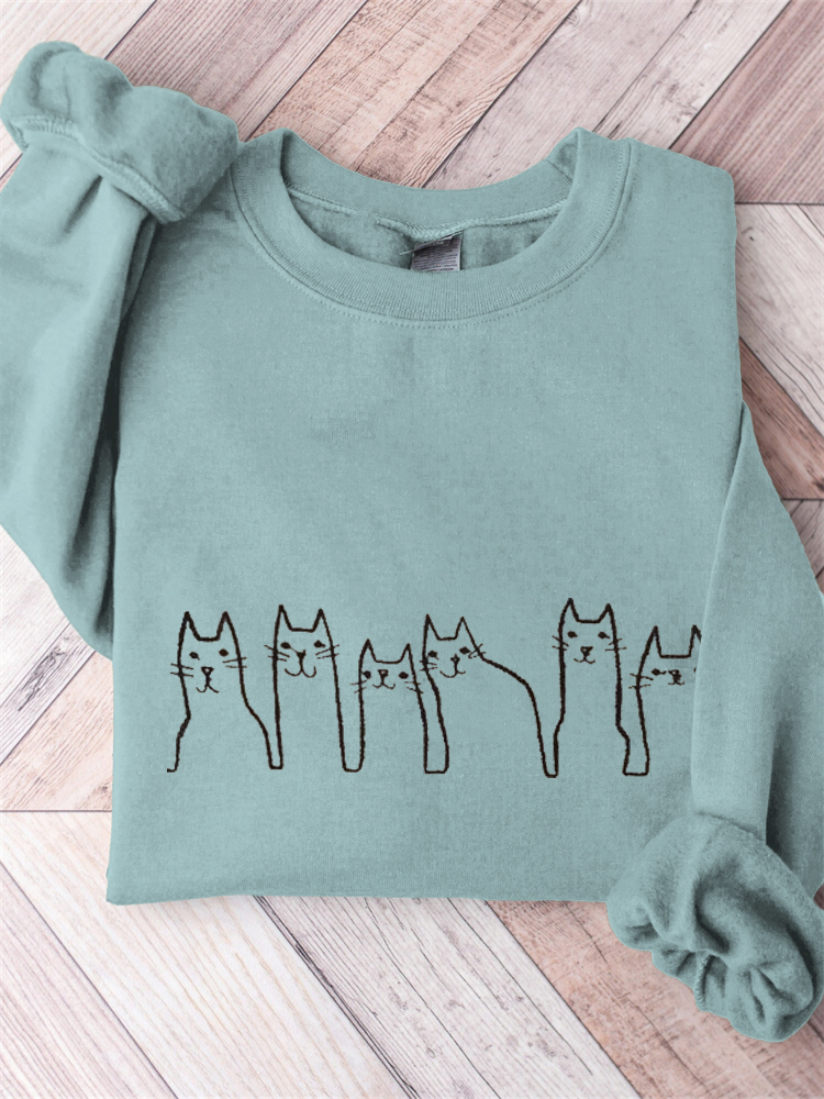 Comstylish Cat Embroidery Art Cozy Long Sleeve Sweatshirt